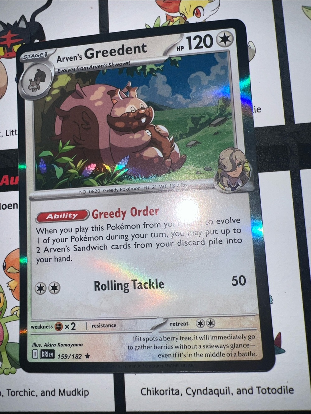 Pokemon Arven's Greedent Holographic Card - Pink, Brown, Green, Blue